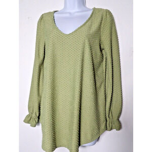 REB. in J 220 Shirt Green Textured Polka Dot Small V Neck Casual Top Blouse